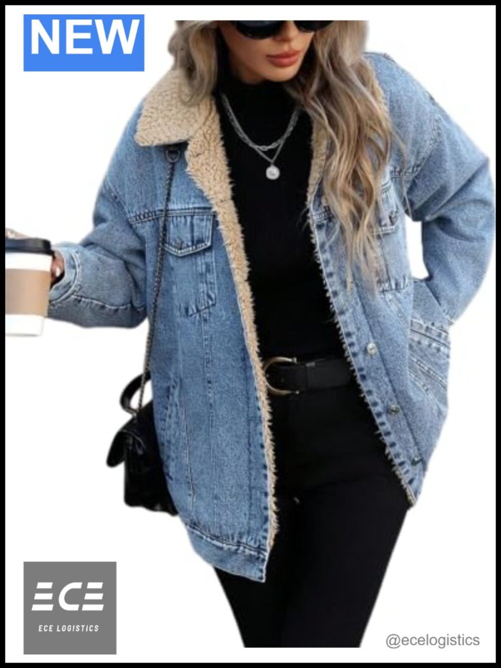 Oversized Sherpa Fleece Lined Denim Trucker Jacket Cotton Polyester
